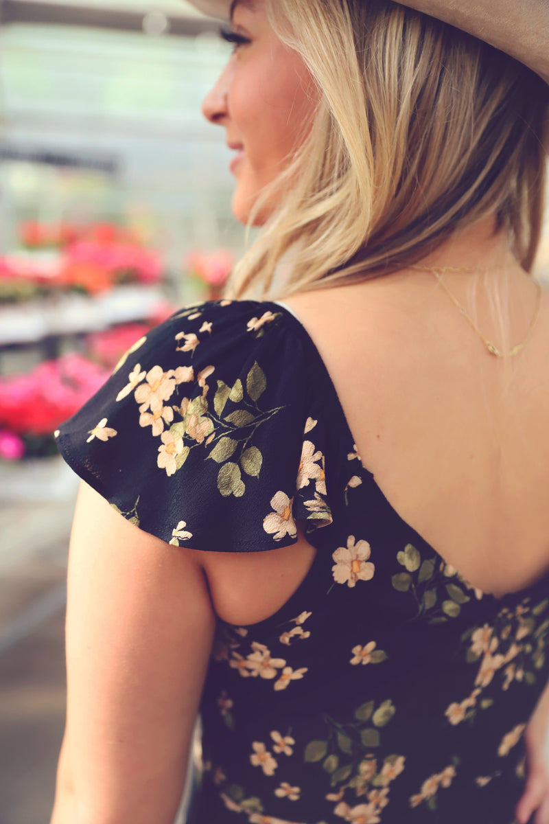 Black Floral V-Neck Ruffle Sleeve Dress