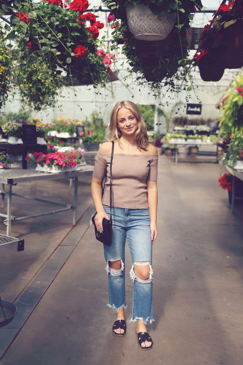 Latte Scalloped Off-Shoulder Tee