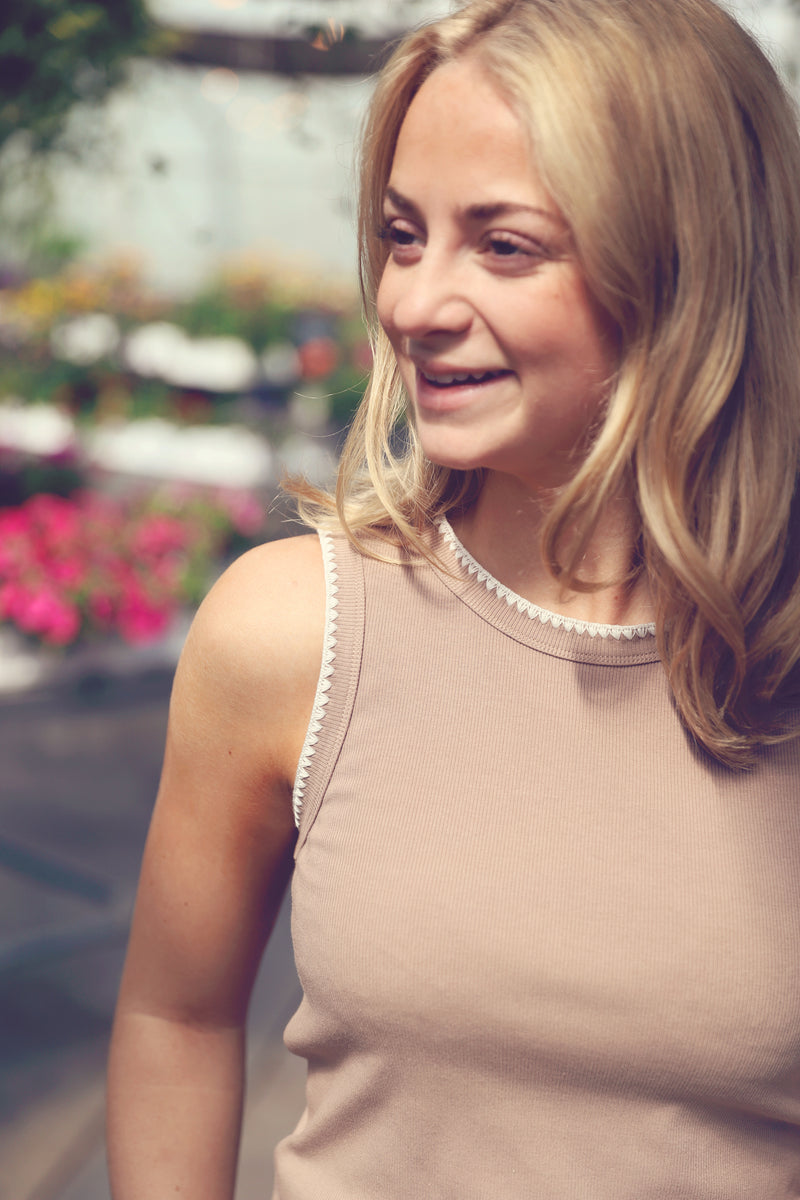 Taupe Ribbed Contrast Trim Tank