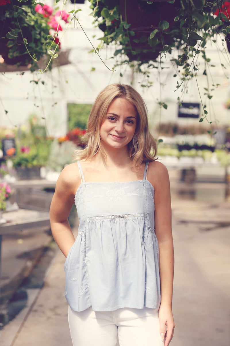 Chambray Embroidered Babydoll Top