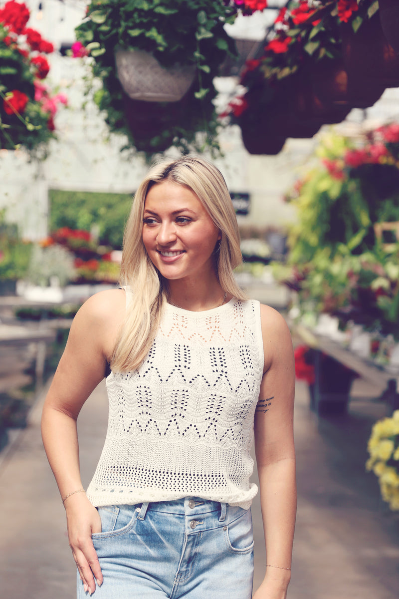 Ivory Open Knit Scallop Edge Tank