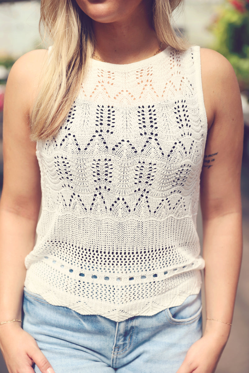 Ivory Open Knit Scallop Edge Tank