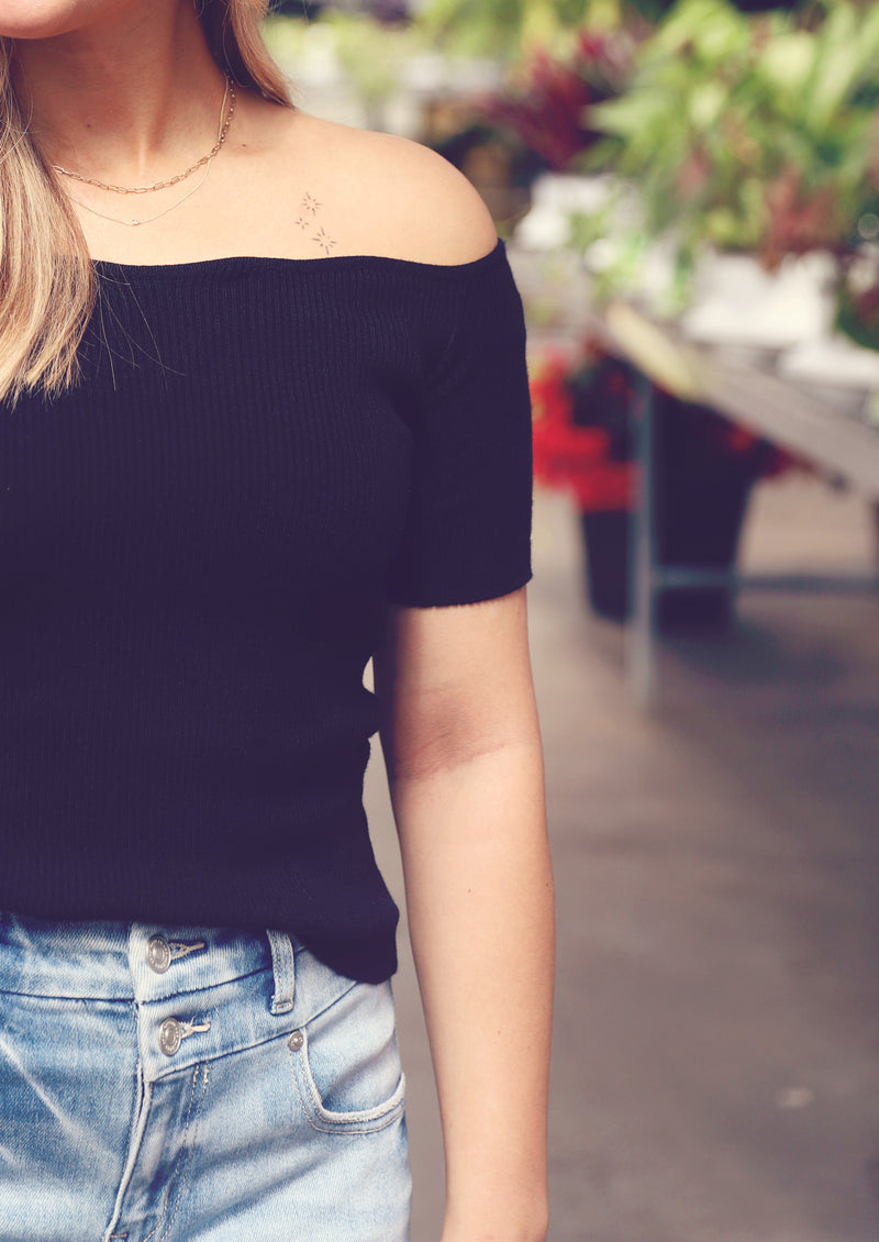 Black Scalloped Off-Shoulder Tee