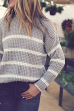 Grey Striped Waffle Knit Sweater