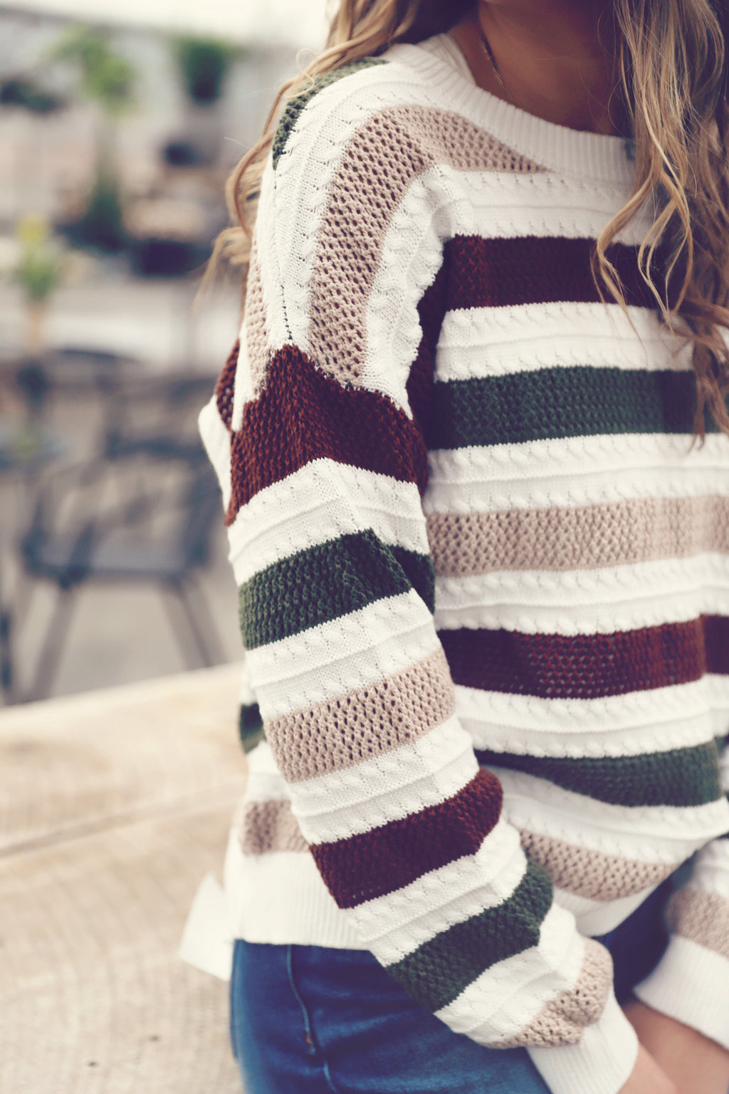 White Striped Open Knit Sweater