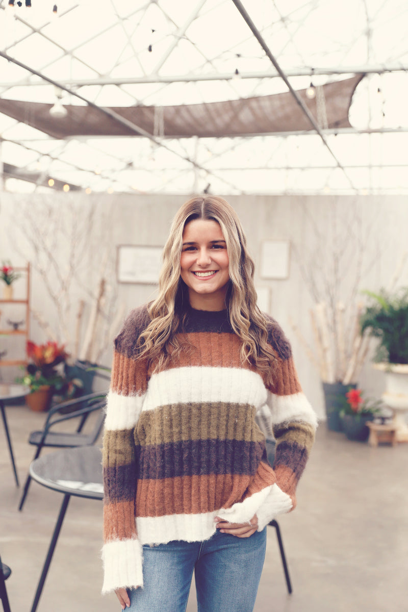Brown Color Block Ribbed Sweater