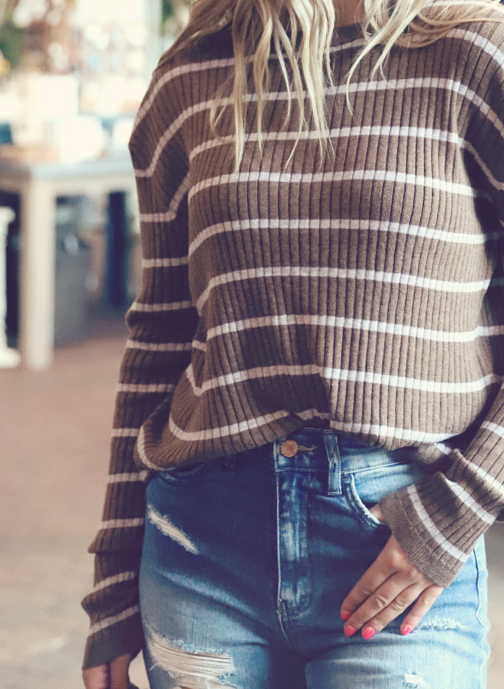 Brown Stripe Ribbed Top