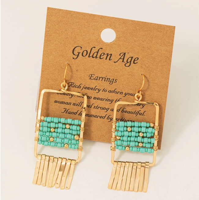 Gold Rectangle Mint Beaded Fringe Earrings