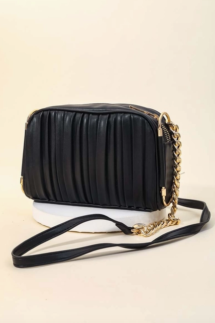 Black Faux Leather Ribbed Shoulder Bag