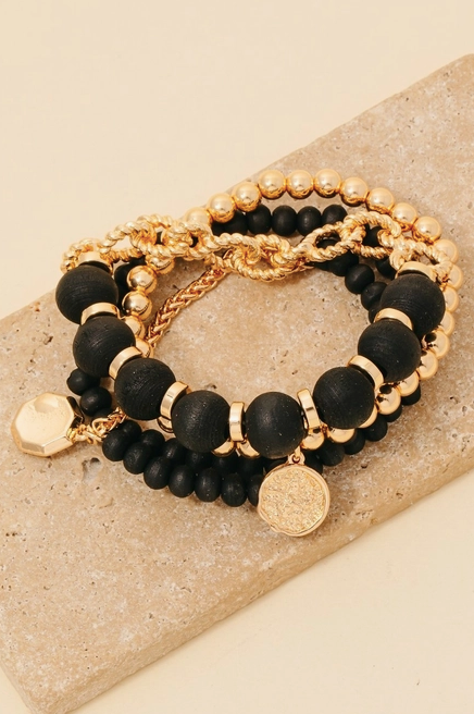Black Wood & Metallic Coin Stretch Bracelet Set