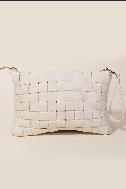 Ivory Faux Leather Basket Weave Handbag