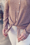 Tan Waffle Knit Button Tie Top