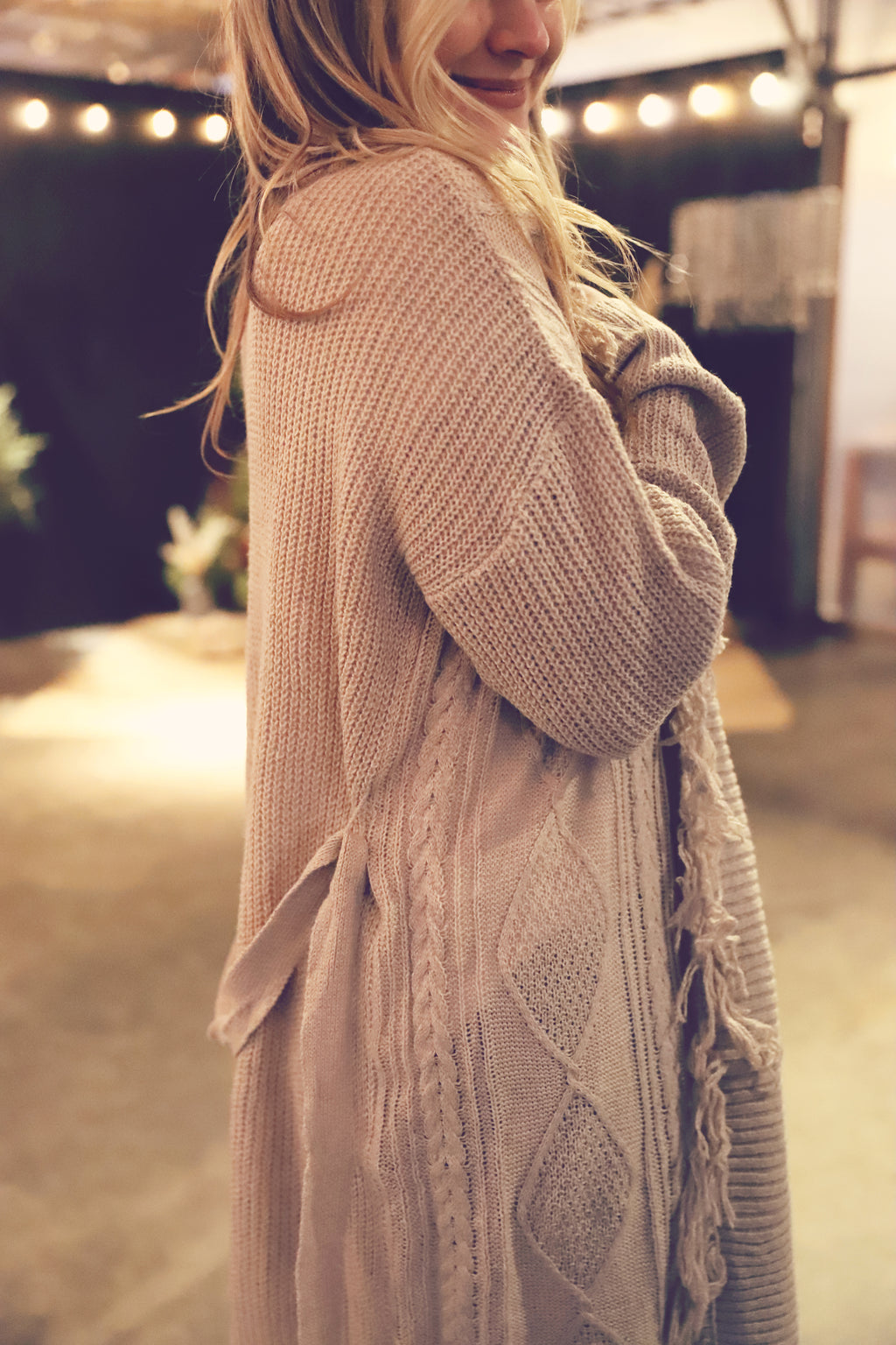 Beige Cable Knit Belted Cardigan